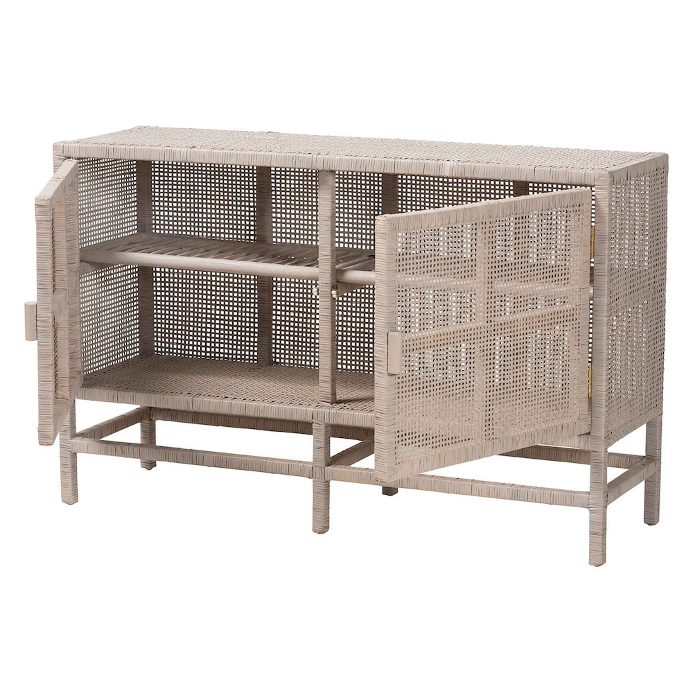 2-Tier Wicker Accent Cabinet with Double Doors and Elevated Base, French Grey. Picture 3