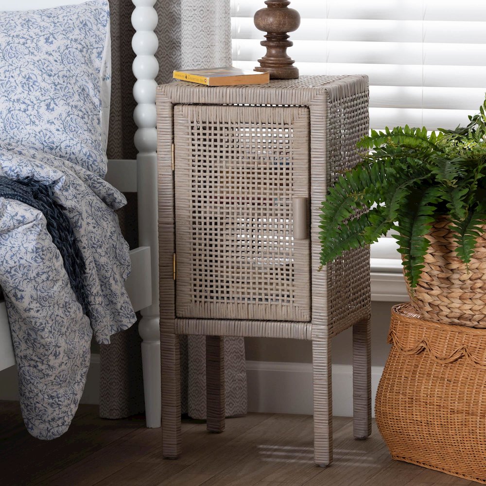 Accent Bedside Table with Interior Shelving and Elevated Base, French Grey. Picture 2