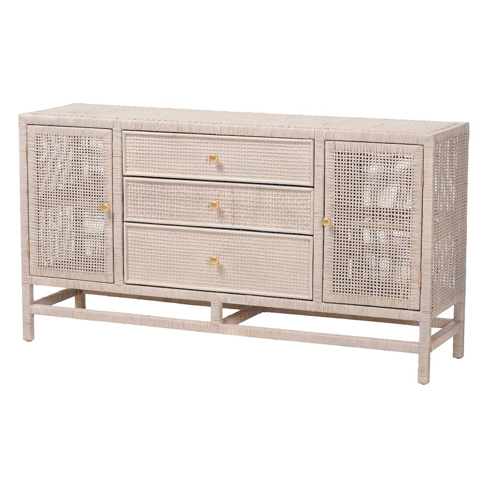 Natural Rattan Storage Cabinet, Interior Shelving and Elevated Base, French Grey. Picture 1