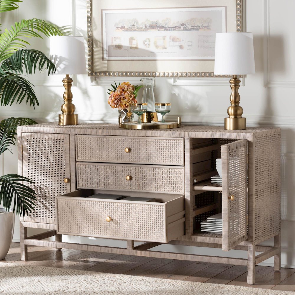 Natural Rattan Storage Cabinet, Interior Shelving and Elevated Base, French Grey. Picture 10