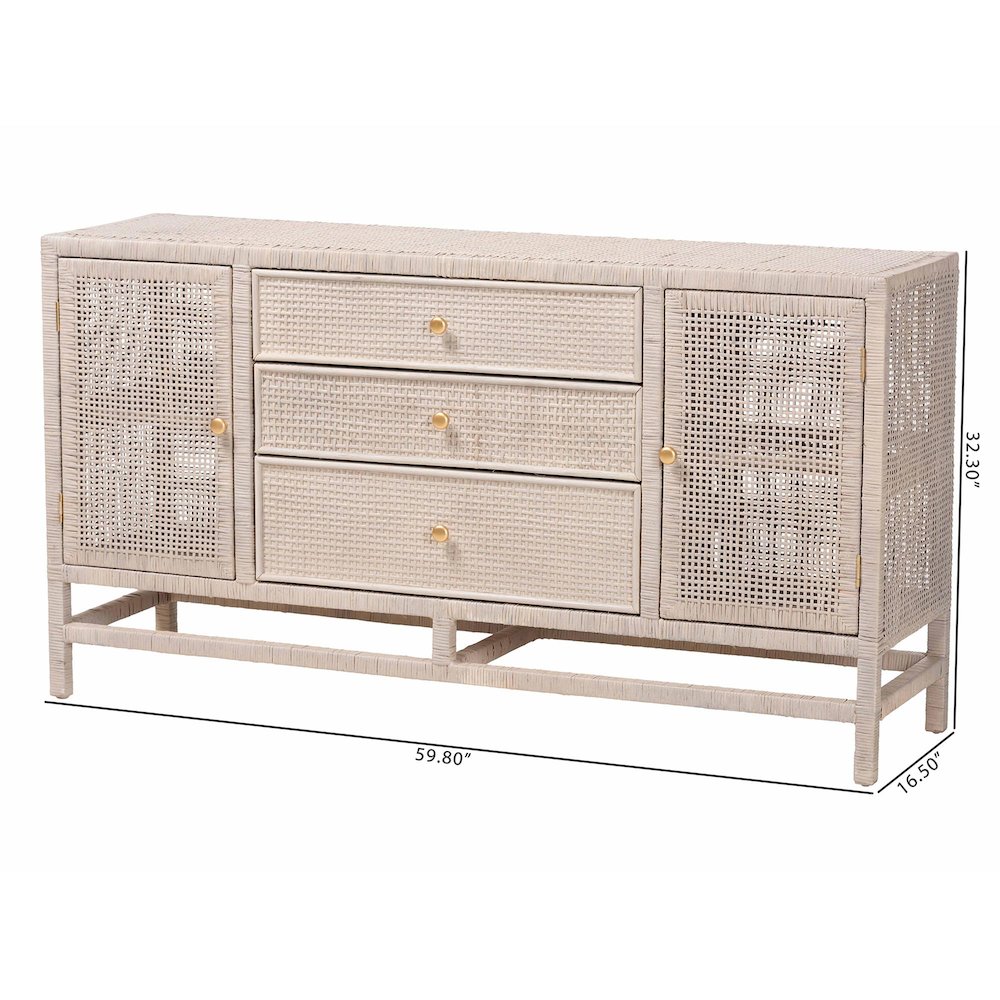 Natural Rattan Storage Cabinet, Interior Shelving and Elevated Base, French Grey. Picture 11
