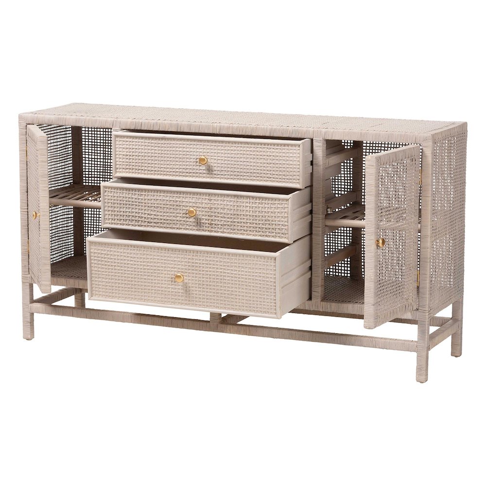 Natural Rattan Storage Cabinet, Interior Shelving and Elevated Base, French Grey. Picture 3