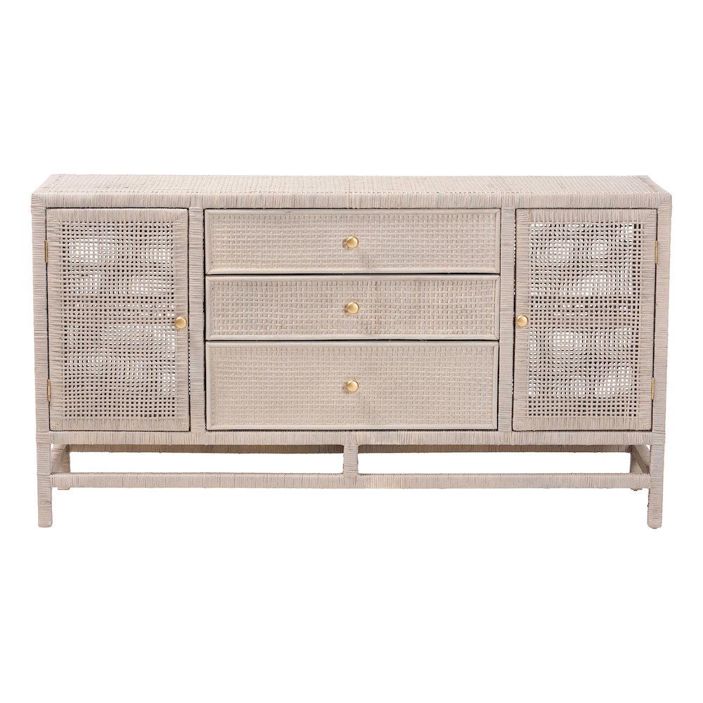 Natural Rattan Storage Cabinet, Interior Shelving and Elevated Base, French Grey. Picture 4