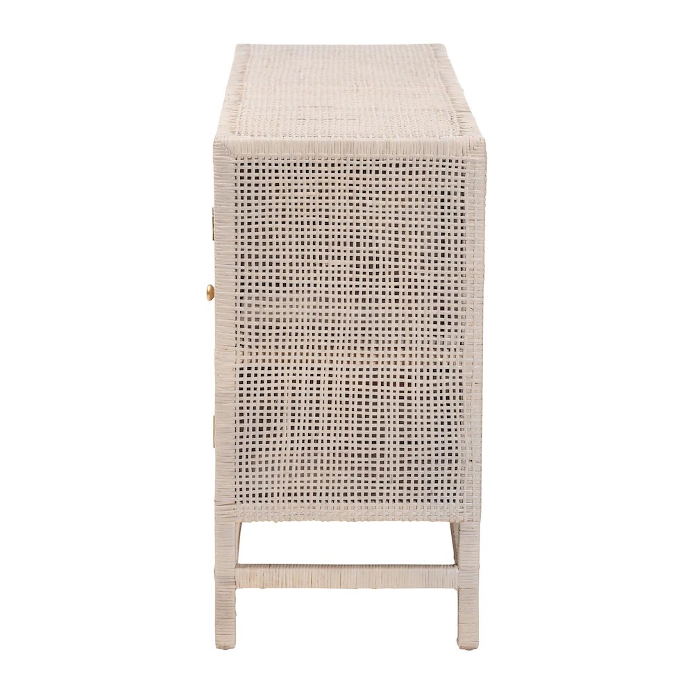 Natural Rattan Storage Cabinet, Interior Shelving and Elevated Base, French Grey. Picture 5
