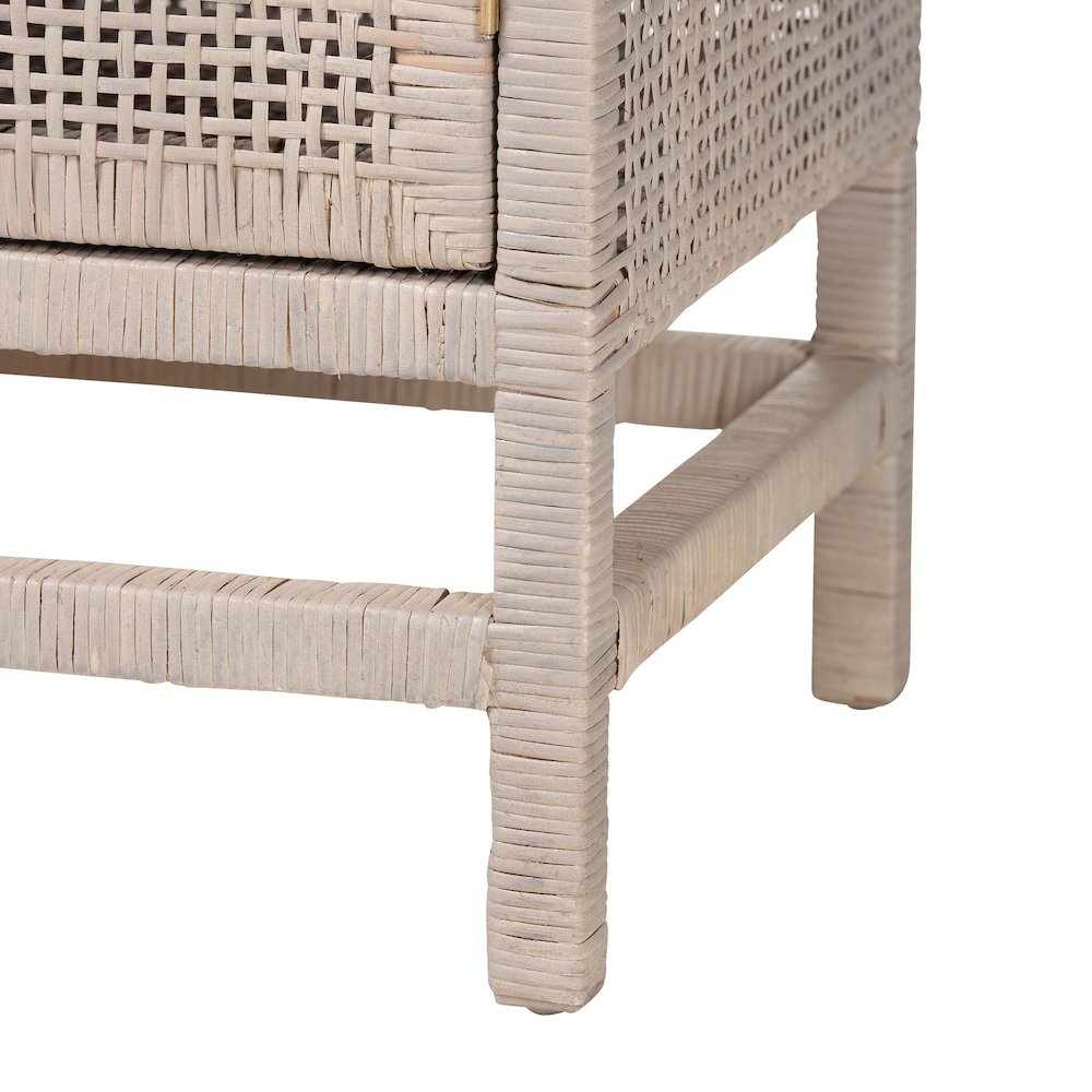 Natural Rattan Storage Cabinet, Interior Shelving and Elevated Base, French Grey. Picture 8
