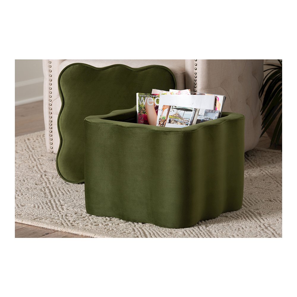 Baxton Studio Paulina Velvet Storage Ottoman, Scalloped, Moss Green. Picture 7