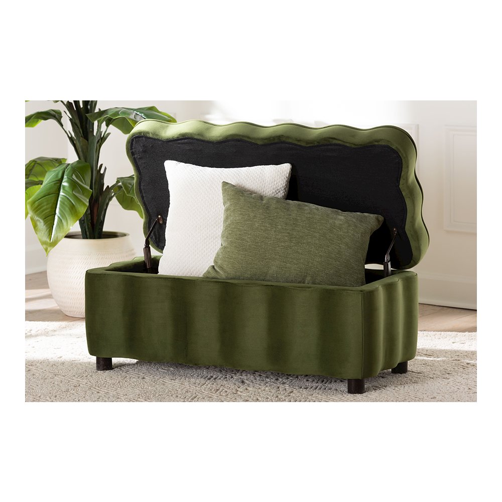 Baxton Studio Paulina Velvet Storage Bench, Scalloped, Moss Green. Picture 11