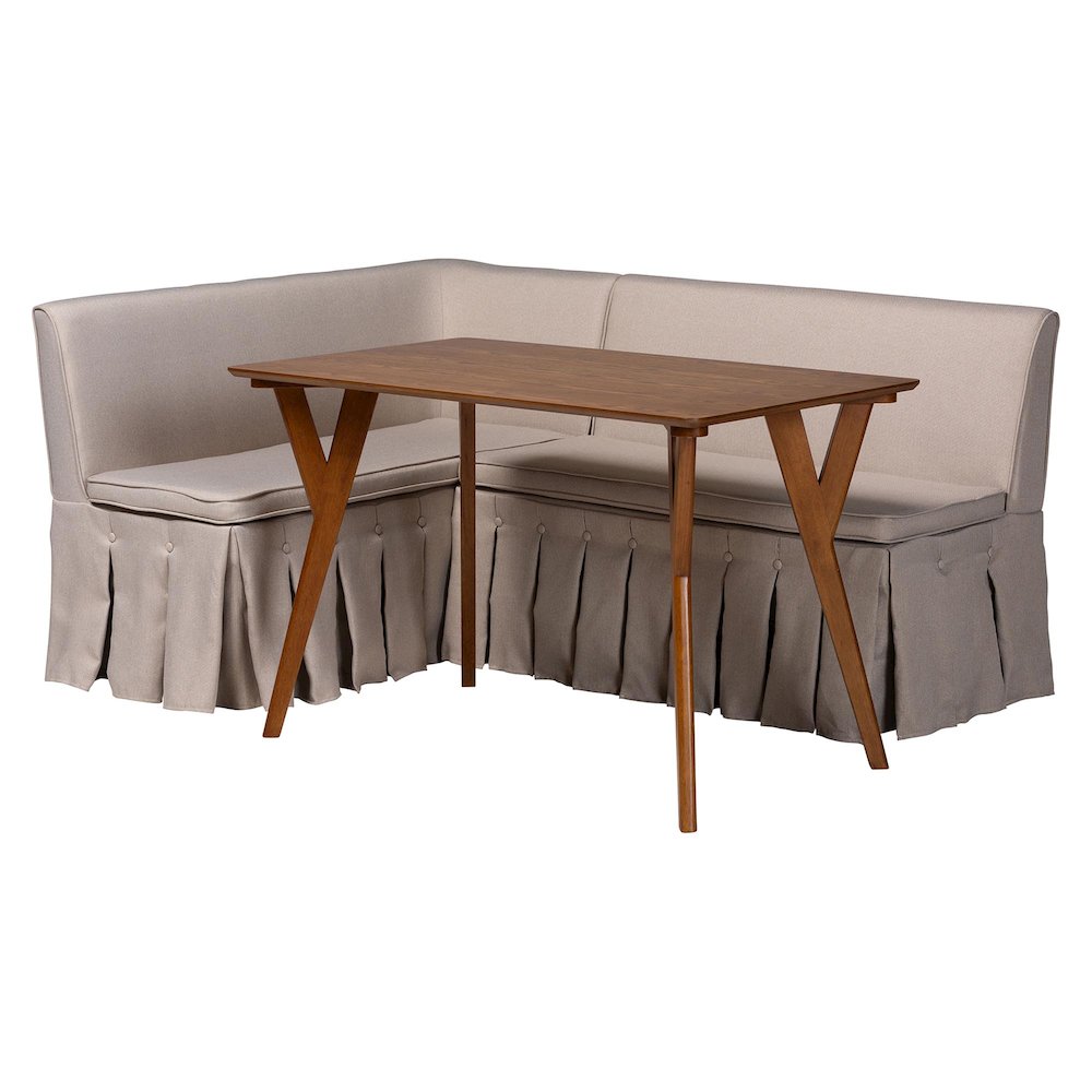 Reginald 3-Pc Upholstered Dining Nook Set - L-Shaped Corner Banquette, Beige. Picture 1