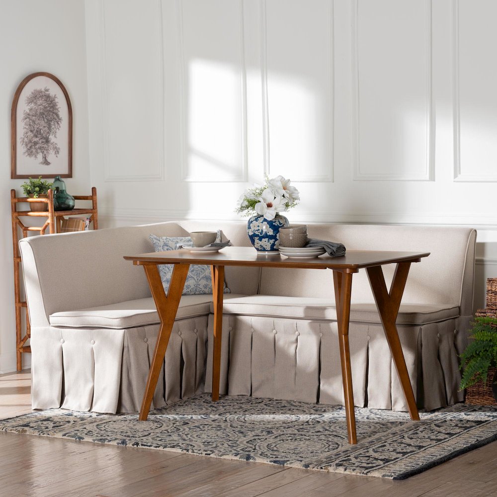 Reginald 3-Pc Upholstered Dining Nook Set - L-Shaped Corner Banquette, Beige. Picture 8