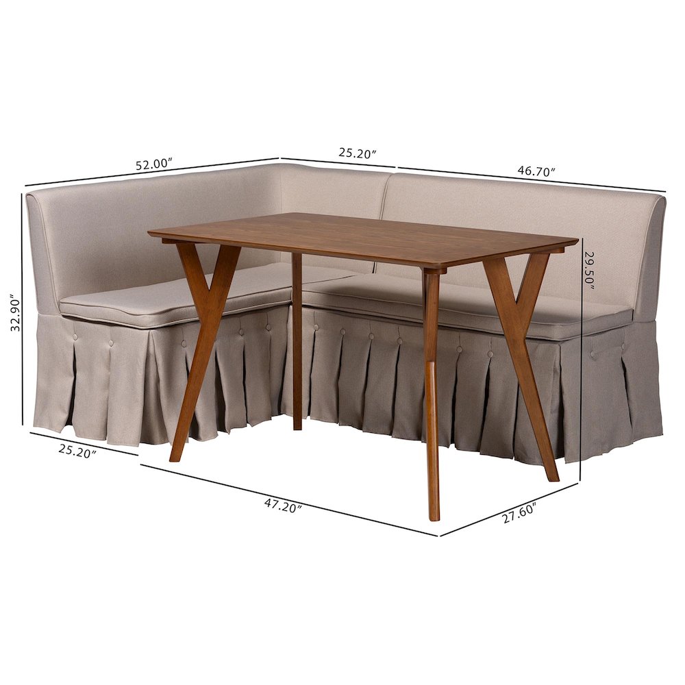 Reginald 3-Pc Upholstered Dining Nook Set - L-Shaped Corner Banquette, Beige. Picture 9