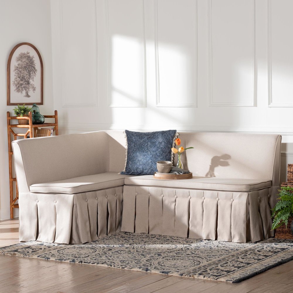 Meyer 2-Pc Upholstered Dining Nook Bench Set - L-Shaped Banquette, Beige. Picture 6