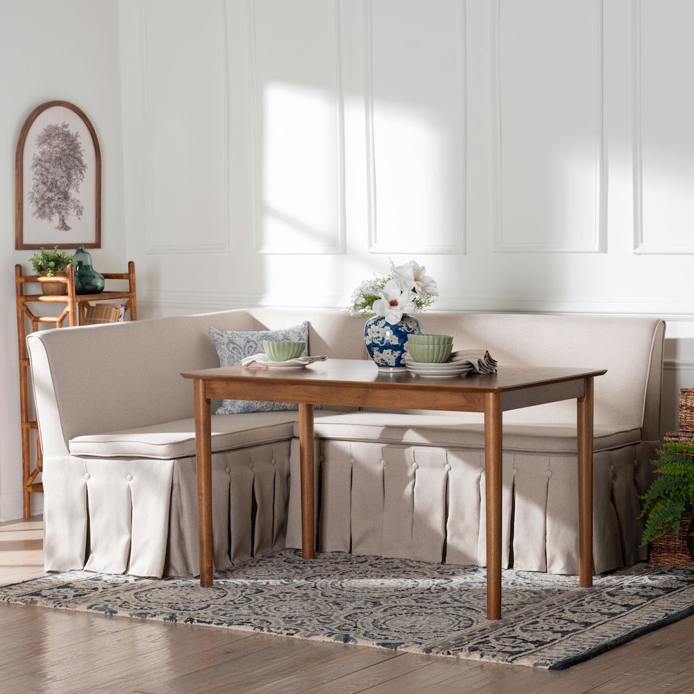Reuben 3-Pc Upholstered Dining Nook Set - L-Shaped Corner Banquette, Beige. Picture 8