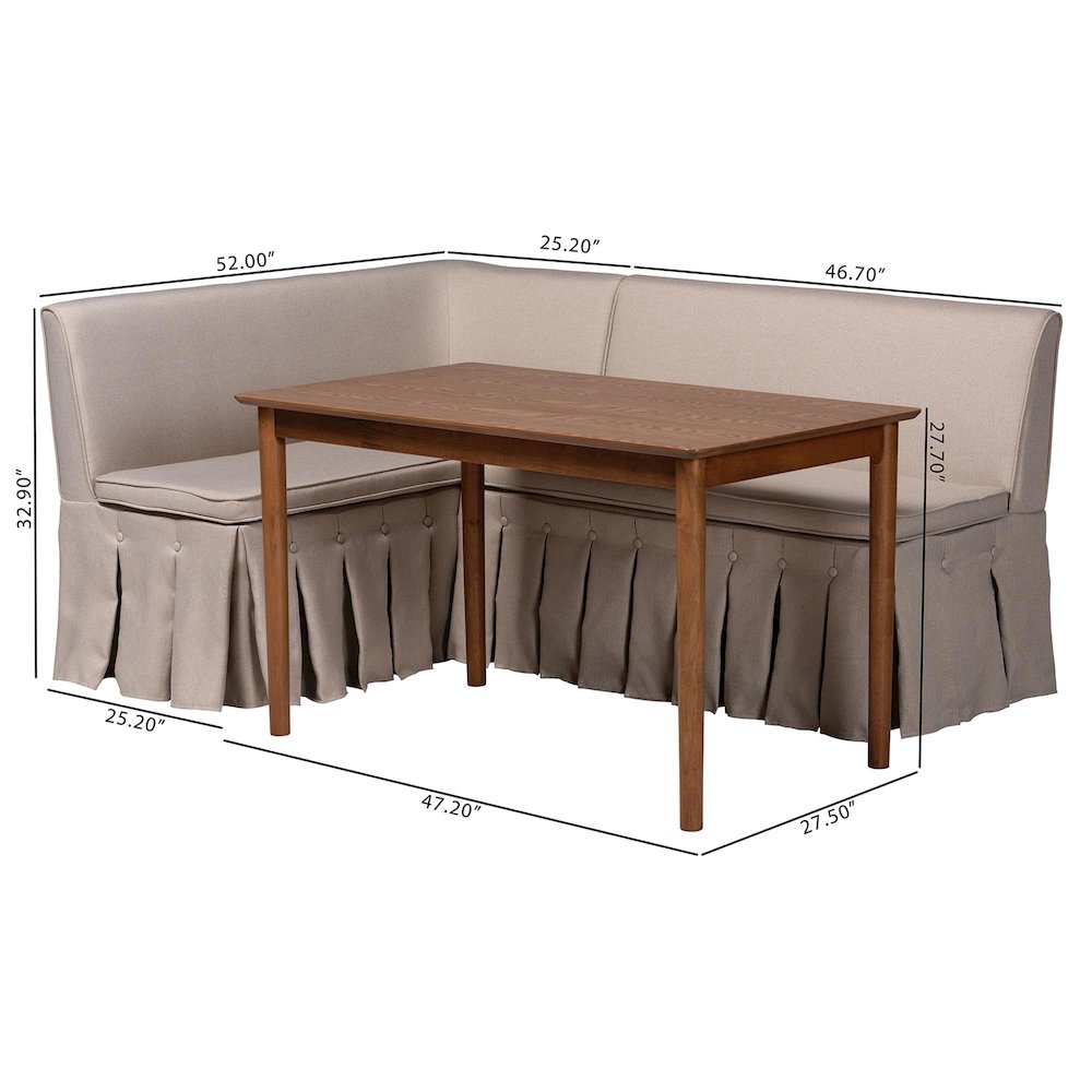Reuben 3-Pc Upholstered Dining Nook Set - L-Shaped Corner Banquette, Beige. Picture 9