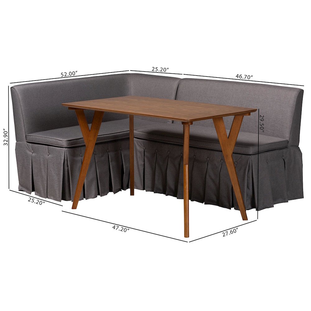 Reginald 3-Pc Upholstered Dining Nook Set - L-Shaped Corner Banquette, Grey. Picture 9