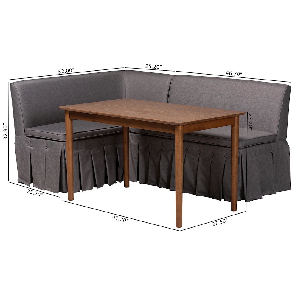Reuben 3-Pc Upholstered Dining Nook Set - L-Shaped Corner Banquette, Grey. Picture 9