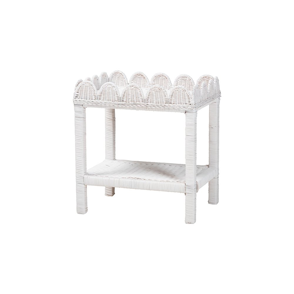 Sumana Rattan Side Table with Scalloped 2-Tier Tray Top, White. Picture 1