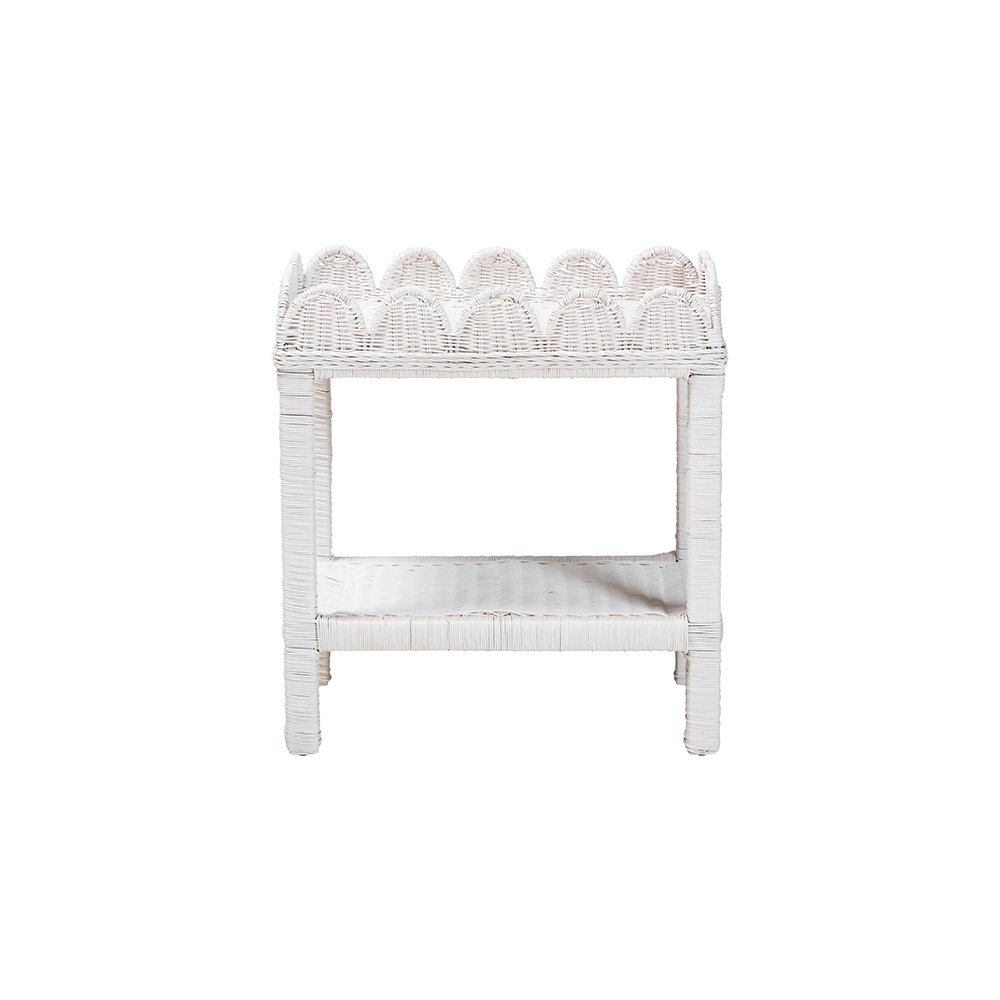 Sumana Rattan Side Table with Scalloped 2-Tier Tray Top, White. Picture 3
