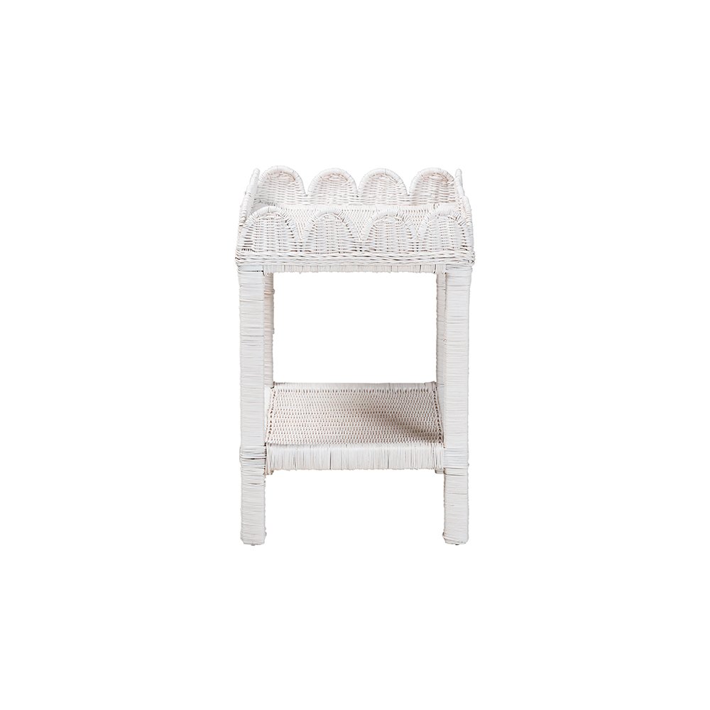 Sumana Rattan Side Table with Scalloped 2-Tier Tray Top, White. Picture 4