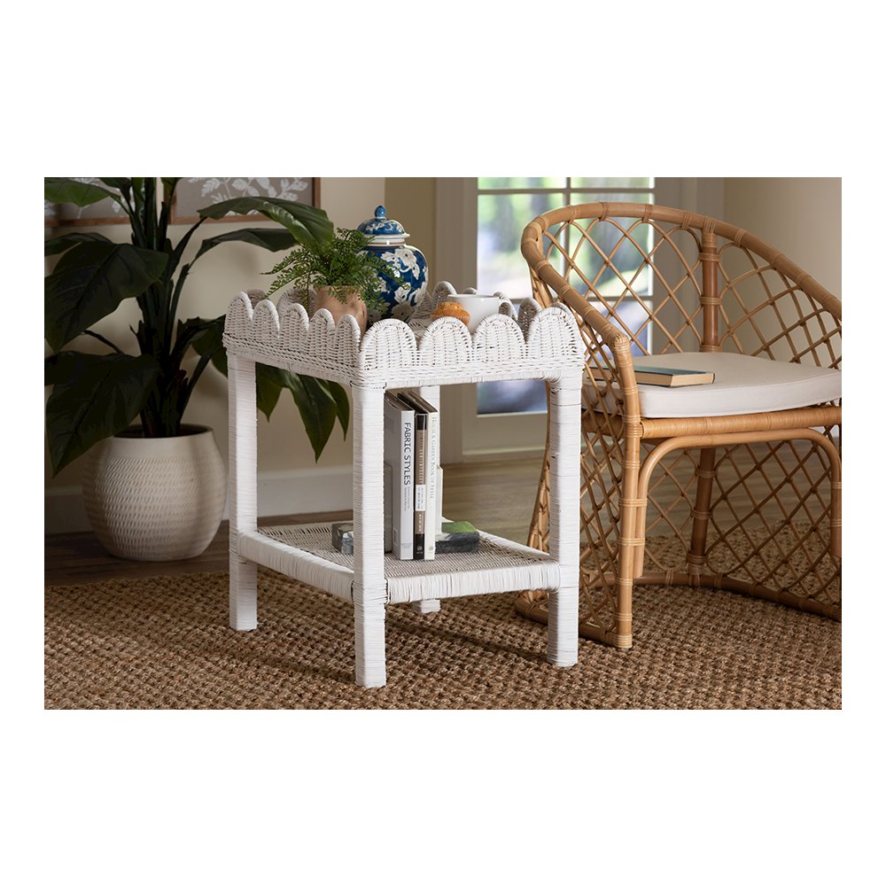 Sumana Rattan Side Table with Scalloped 2-Tier Tray Top, White. Picture 2