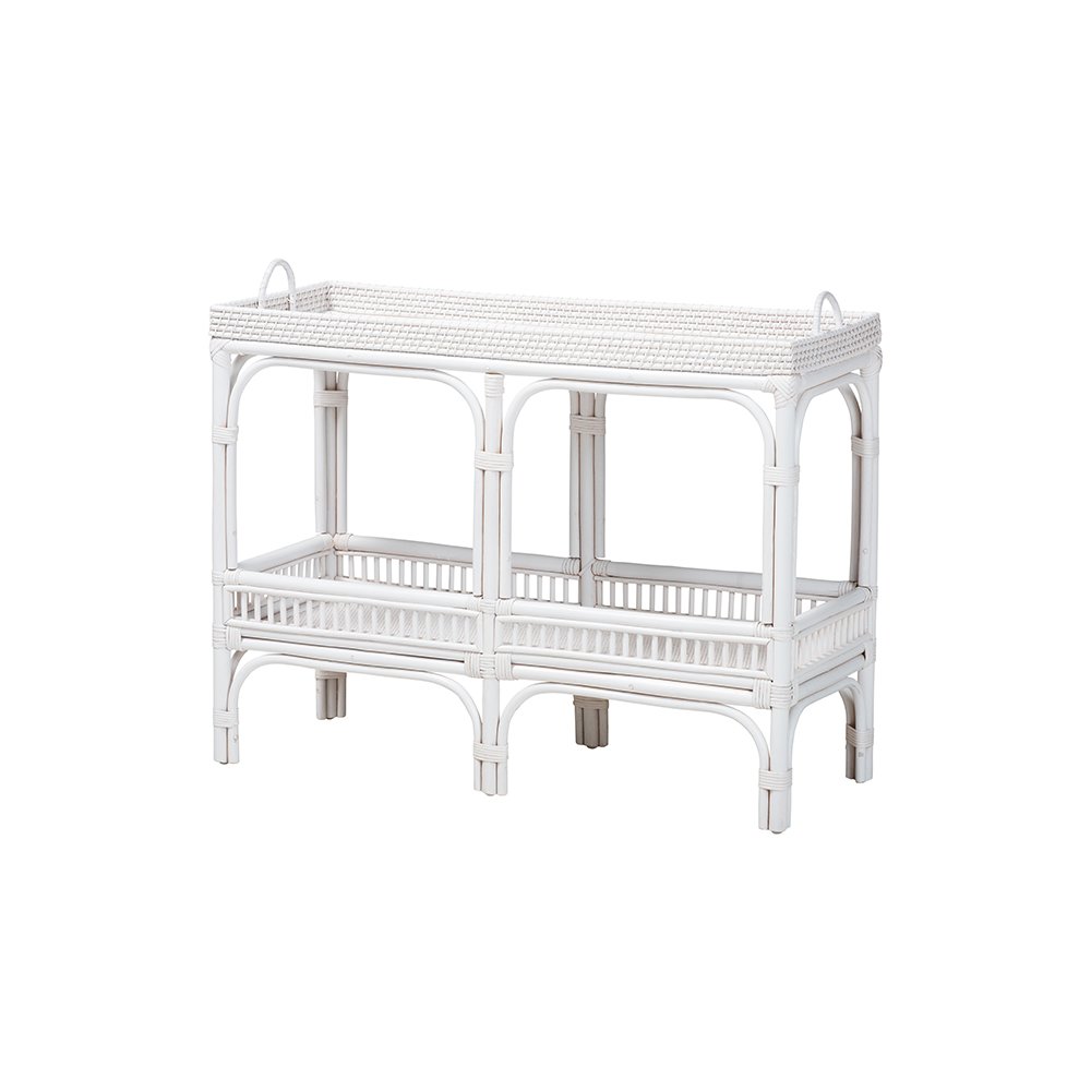 Lombok Rattan Console Table with Raised 2-Tier Tray Top, White. Picture 1