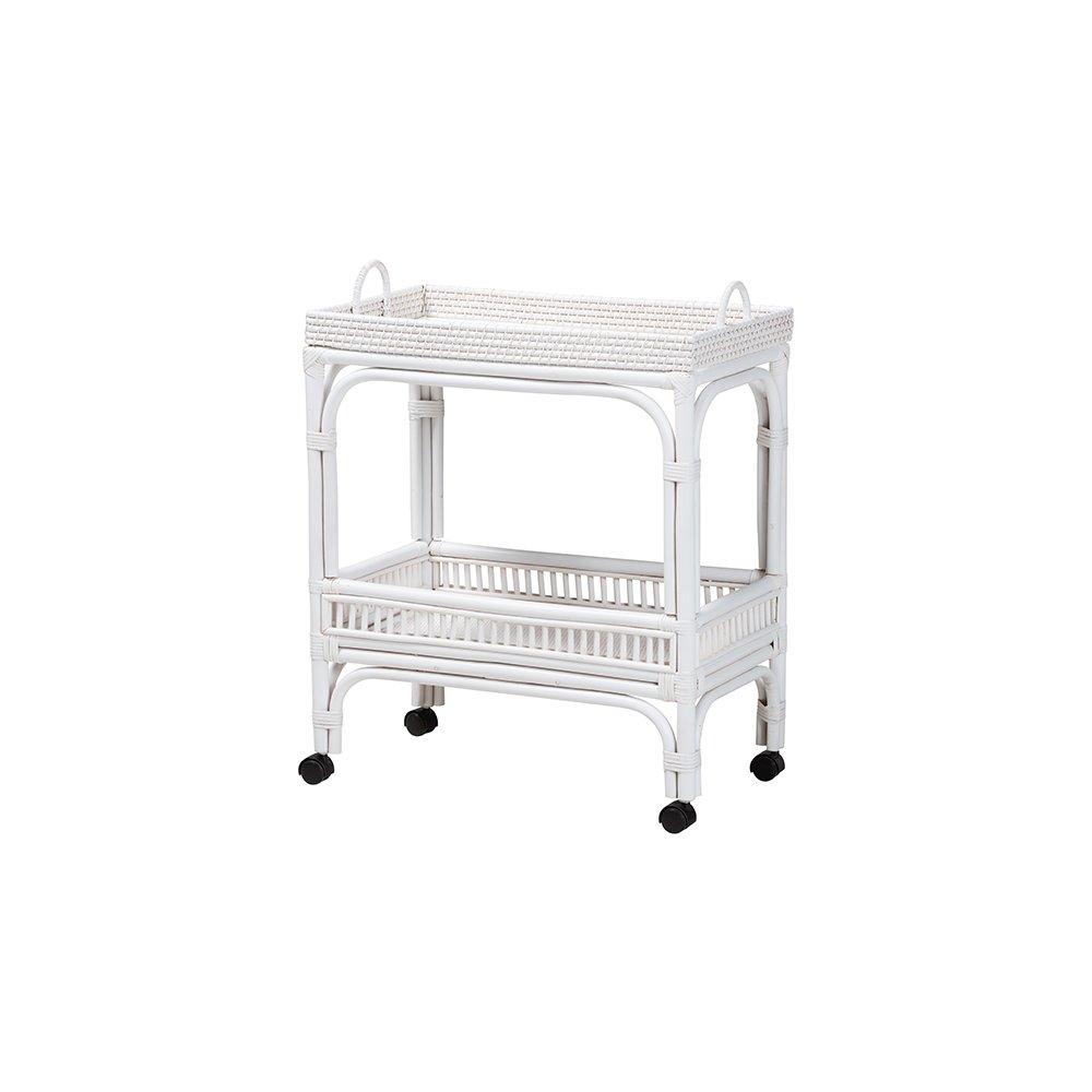 Lombok Rattan 2-Tier Mobile Bar Cart with Raised Tray Top, White. Picture 1