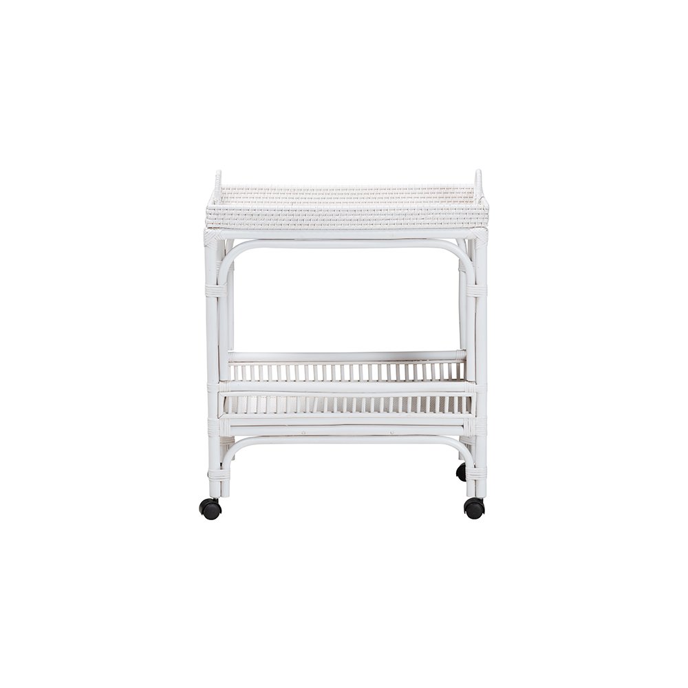 Lombok Rattan 2-Tier Mobile Bar Cart with Raised Tray Top, White. Picture 3