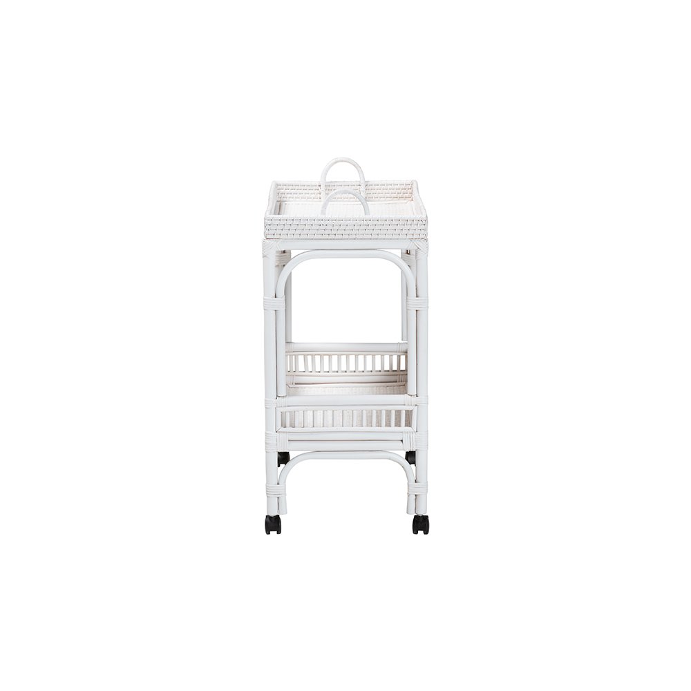 Lombok Rattan 2-Tier Mobile Bar Cart with Raised Tray Top, White. Picture 4