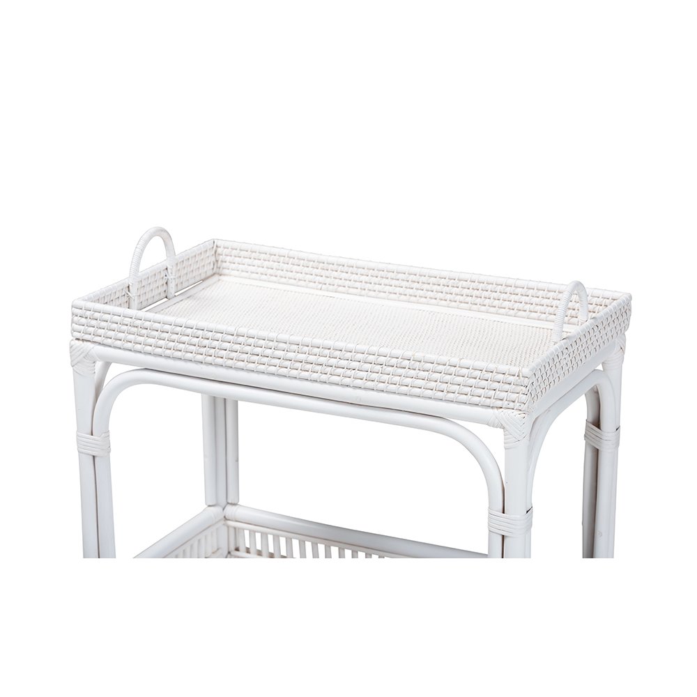 Lombok Rattan 2-Tier Mobile Bar Cart with Raised Tray Top, White. Picture 5