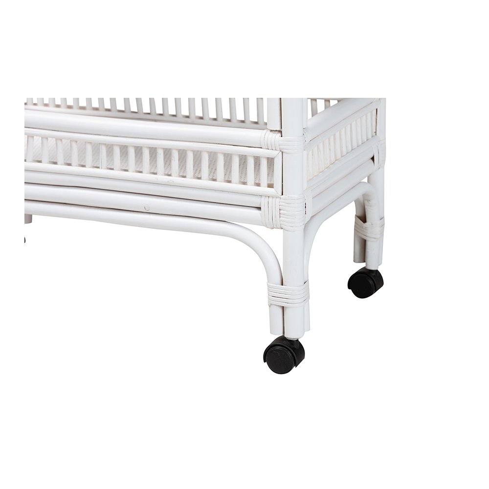 Lombok Rattan 2-Tier Mobile Bar Cart with Raised Tray Top, White. Picture 6