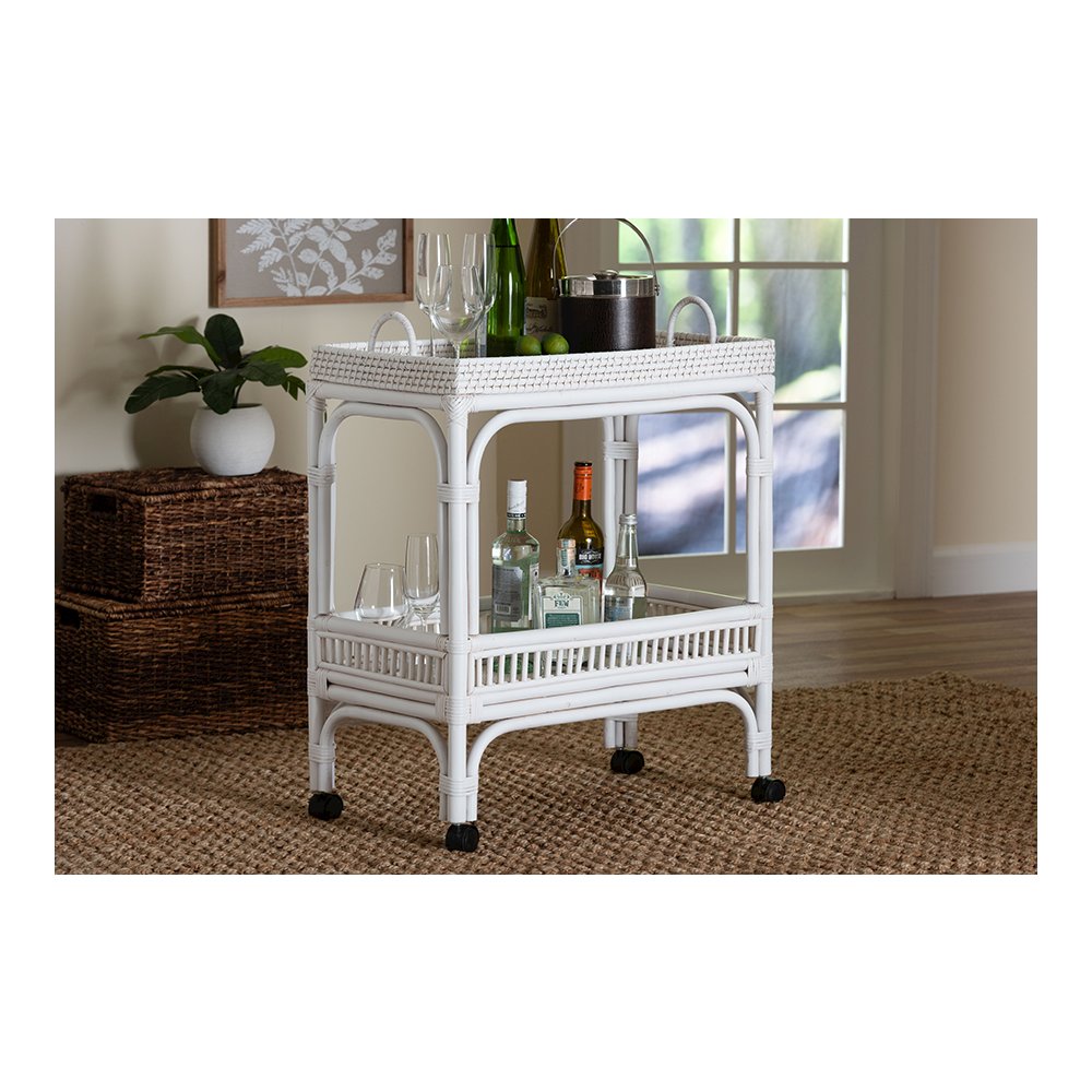 Lombok Rattan 2-Tier Mobile Bar Cart with Raised Tray Top, White. Picture 2