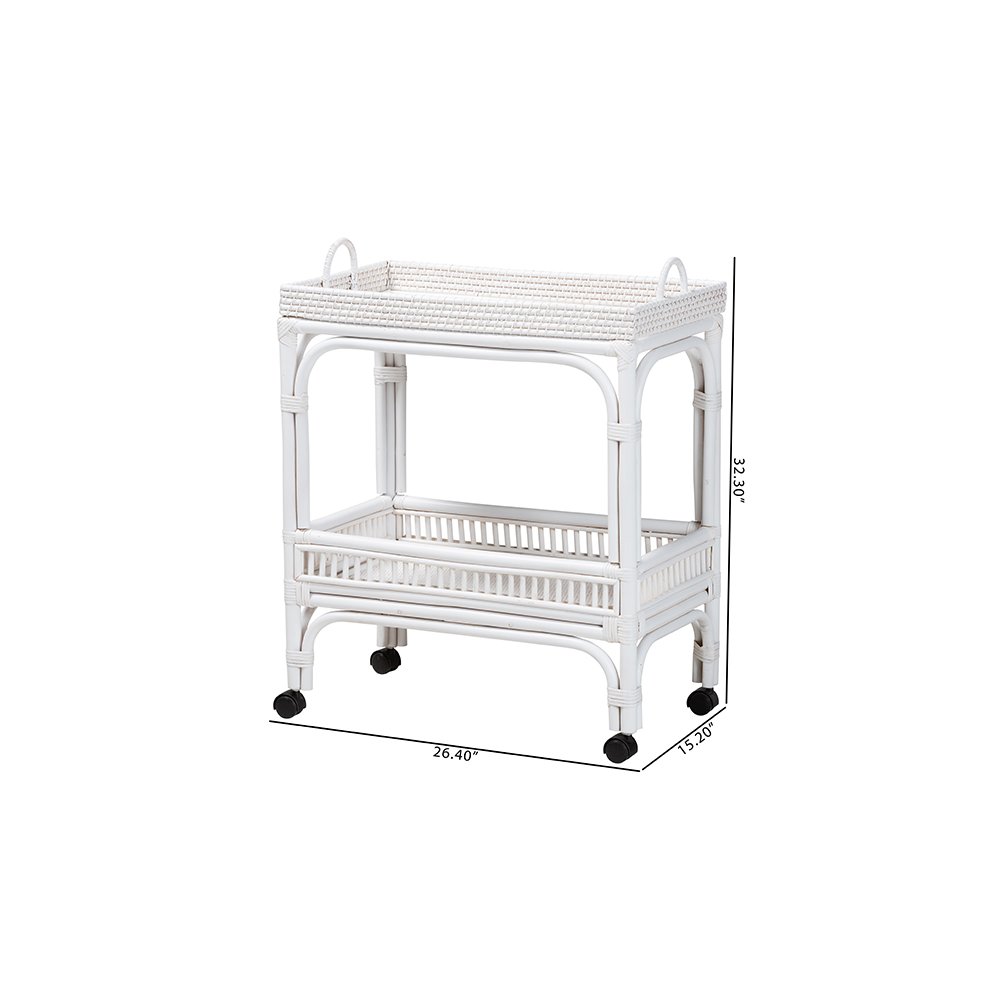 Lombok Rattan 2-Tier Mobile Bar Cart with Raised Tray Top, White. Picture 9