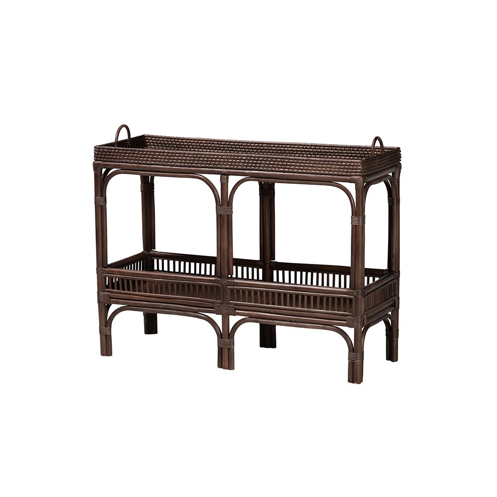 Lombok Rattan Console Table with Raised 2-Tier Tray Top, Espresso. Picture 1