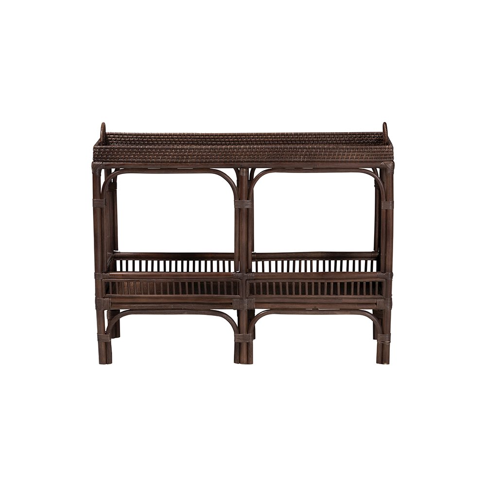 Lombok Rattan Console Table with Raised 2-Tier Tray Top, Espresso. Picture 3