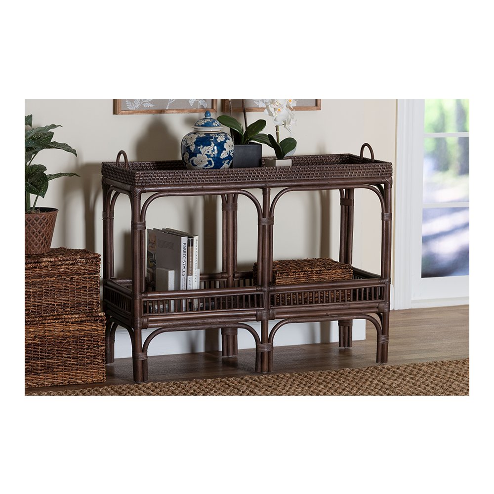 Lombok Rattan Console Table with Raised 2-Tier Tray Top, Espresso. Picture 2