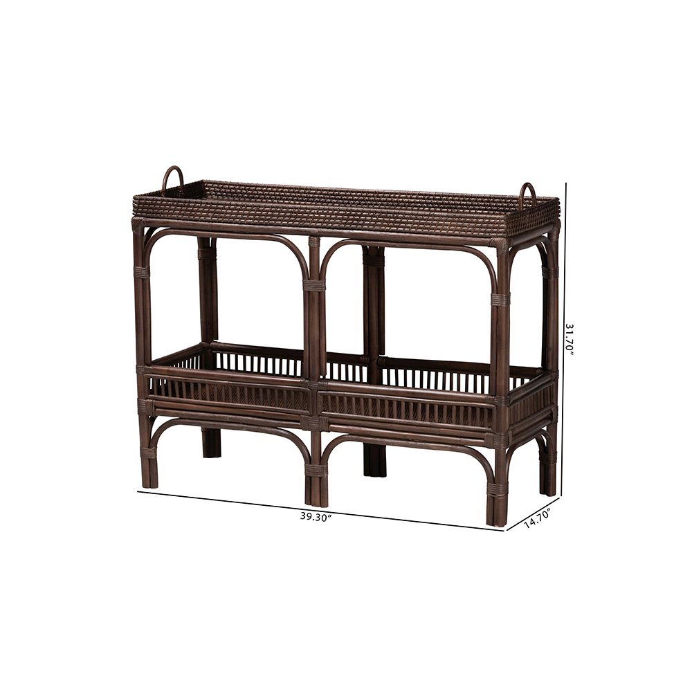Lombok Rattan Console Table with Raised 2-Tier Tray Top, Espresso. Picture 9