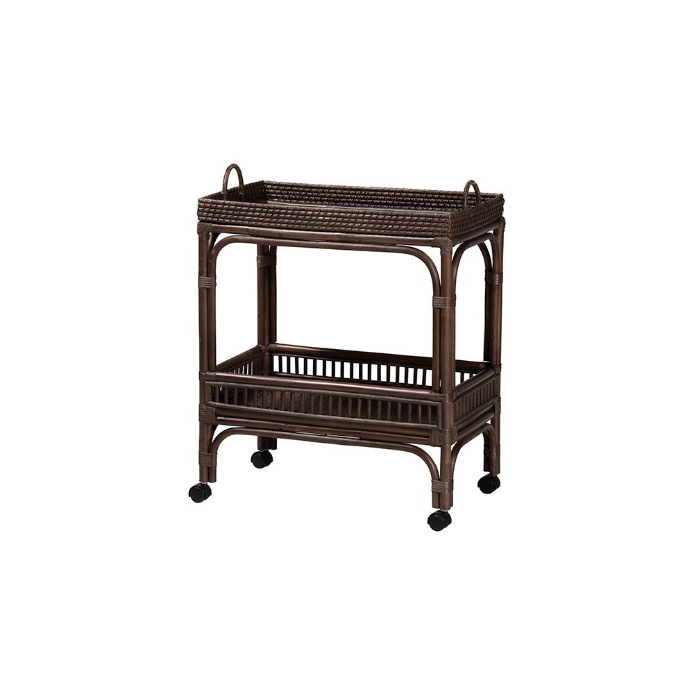Lombok Rattan 2-Tier Mobile Bar Cart with Raised Tray Top, Espresso. Picture 1