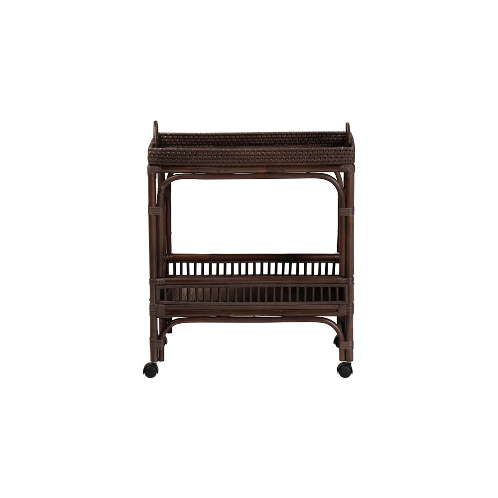 Lombok Rattan 2-Tier Mobile Bar Cart with Raised Tray Top, Espresso. Picture 3