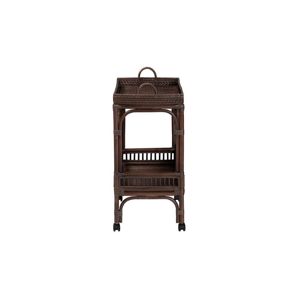 Lombok Rattan 2-Tier Mobile Bar Cart with Raised Tray Top, Espresso. Picture 4