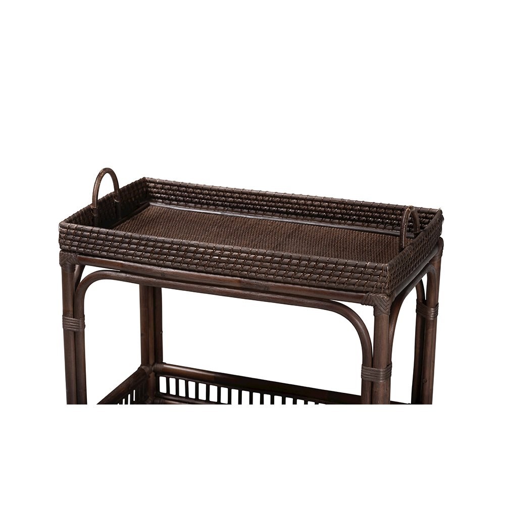 Lombok Rattan 2-Tier Mobile Bar Cart with Raised Tray Top, Espresso. Picture 5
