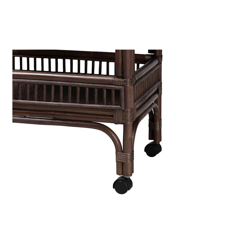 Lombok Rattan 2-Tier Mobile Bar Cart with Raised Tray Top, Espresso. Picture 6