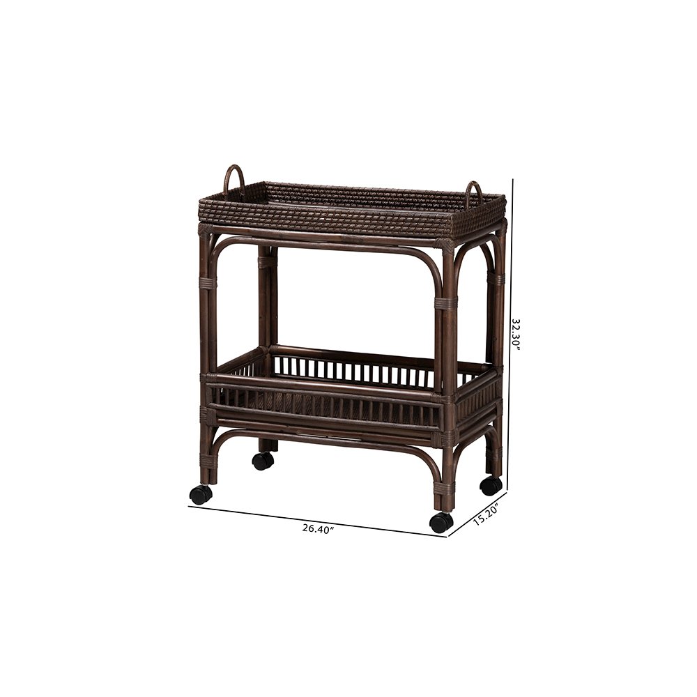 Lombok Rattan 2-Tier Mobile Bar Cart with Raised Tray Top, Espresso. Picture 9