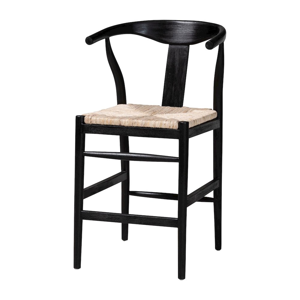 Fika Wishbone Counter Stool - Seagrass Seat, Mahogany Frame, Black. Picture 1