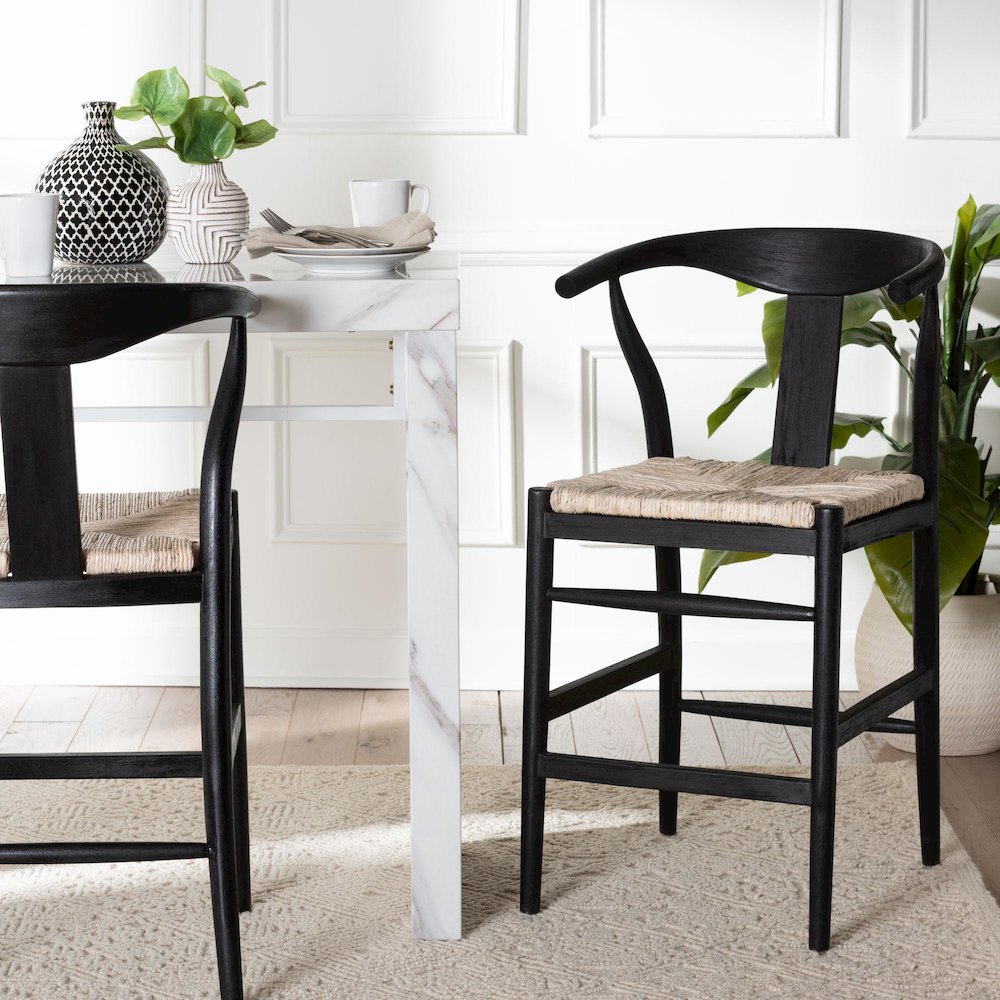 Fika Wishbone Counter Stool - Seagrass Seat, Mahogany Frame, Black. Picture 8