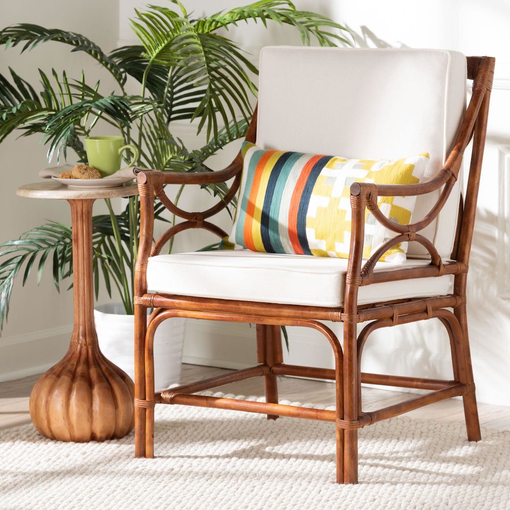 Cleantha Marbled Tortoise Rattan Armchair - Wicker Chair with Curved Armrests. Picture 8