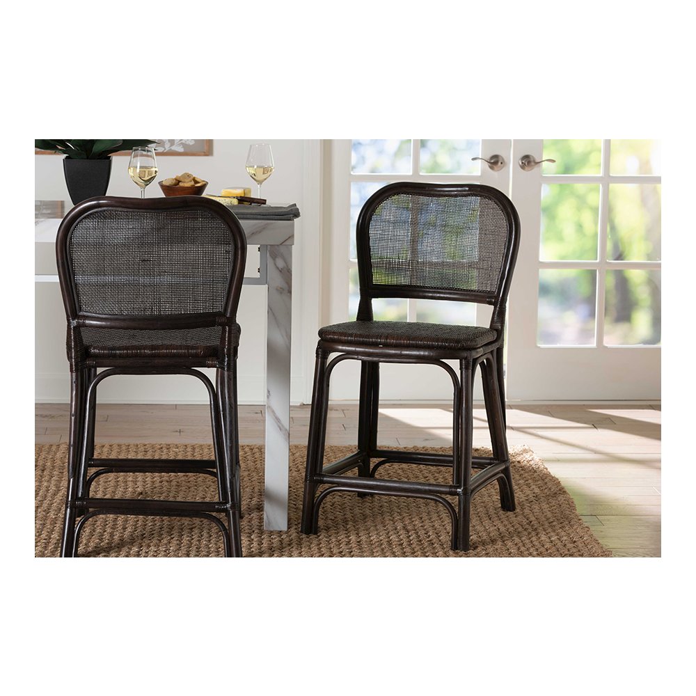 Irene Natural Rattan Counter Stool with Lattice Backrest, Espresso. Picture 2