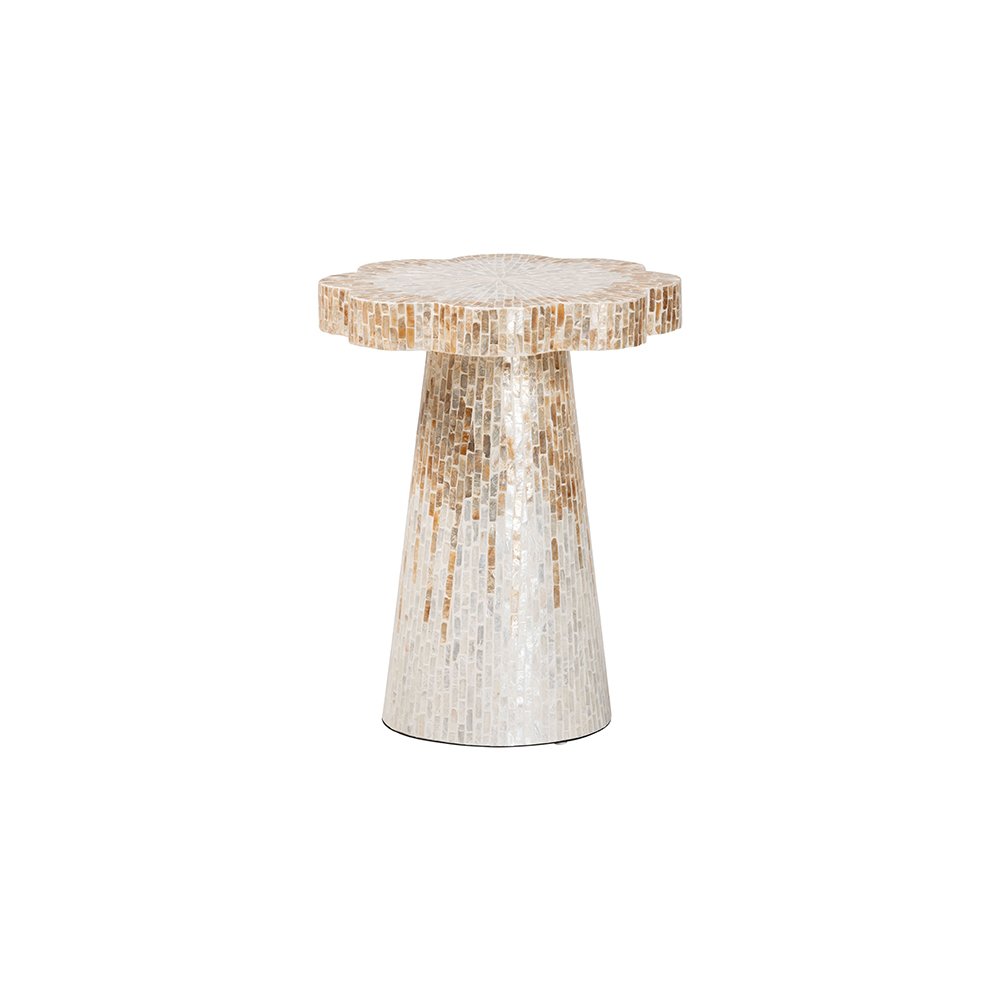 Beile Capiz Shell Pedestal End Table with Scalloped Textured Inlay. Picture 1