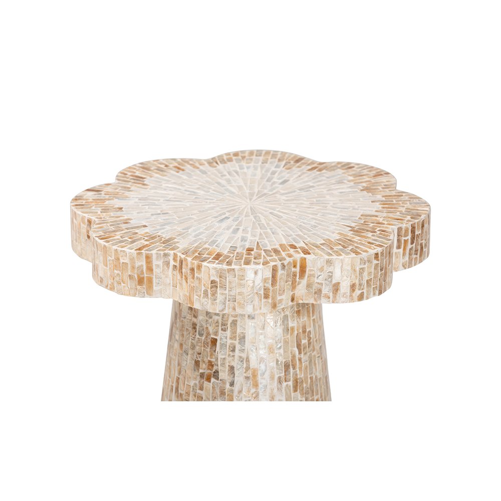 Beile Capiz Shell Pedestal End Table with Scalloped Textured Inlay. Picture 4