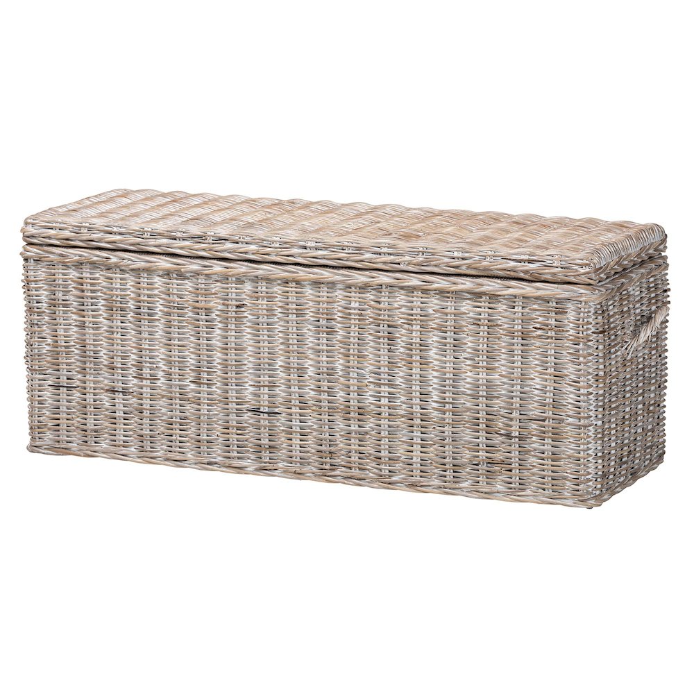 Clarette Whitewashed Rattan Storage Bench - Wicker Trunk with Lift-Top Lid. Picture 1