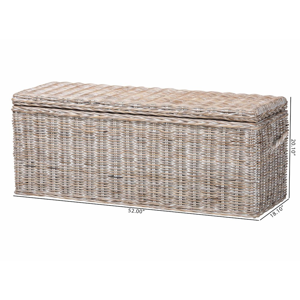 Clarette Whitewashed Rattan Storage Bench - Wicker Trunk with Lift-Top Lid. Picture 10
