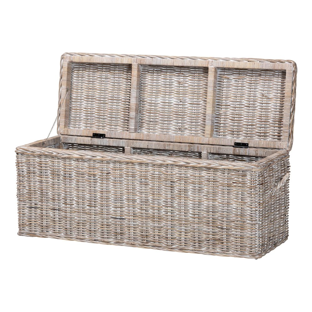 Clarette Whitewashed Rattan Storage Bench - Wicker Trunk with Lift-Top Lid. Picture 2
